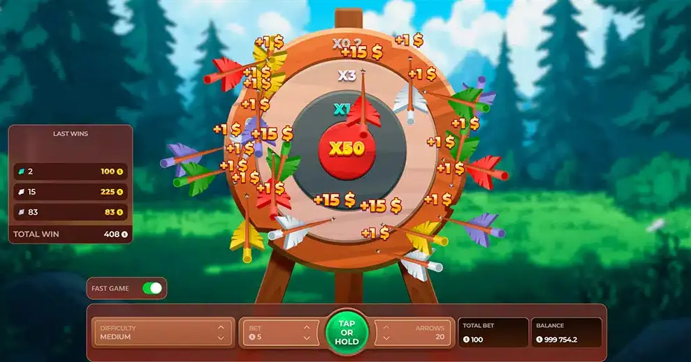Forest Arrow casino game screen showing a colorful archery target with arrows hitting different cash prizes, including x50 multiplier in the center, betting controls and total win panel on the side.