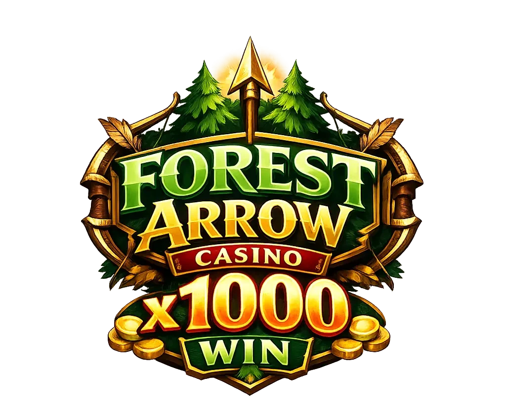 Forest Arrow Casino logo with a golden arrow and pine trees, bold green and gold lettering, and “x1000 WIN” highlighted in large glowing numbers with gold coins, on a dark gradient background.